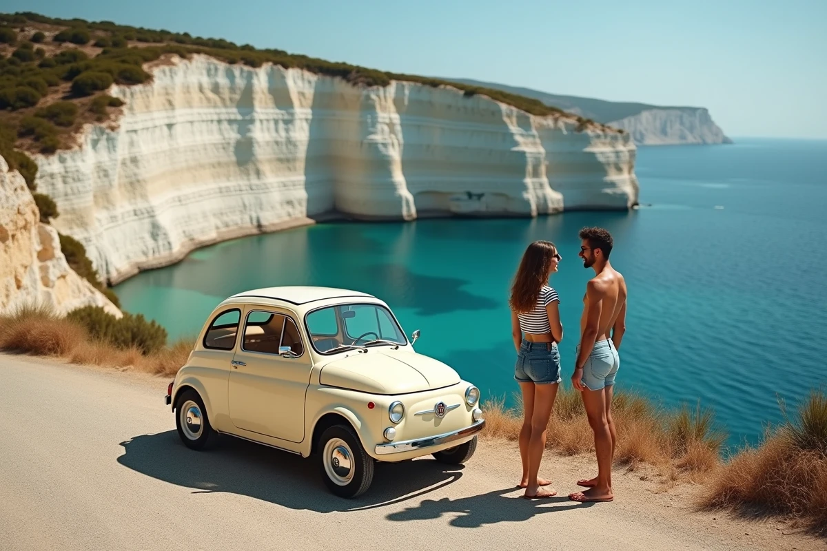 Jeune femme appuyée sur une Fiat 500 devant les falaises calcaires et les criques émeraude de la côte des Pouilles près de Monopoli