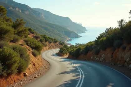 Route sinueuse de Corse traversant le maquis avec vue sur la mer Méditerranée turquoise au loin lors d'un road trip