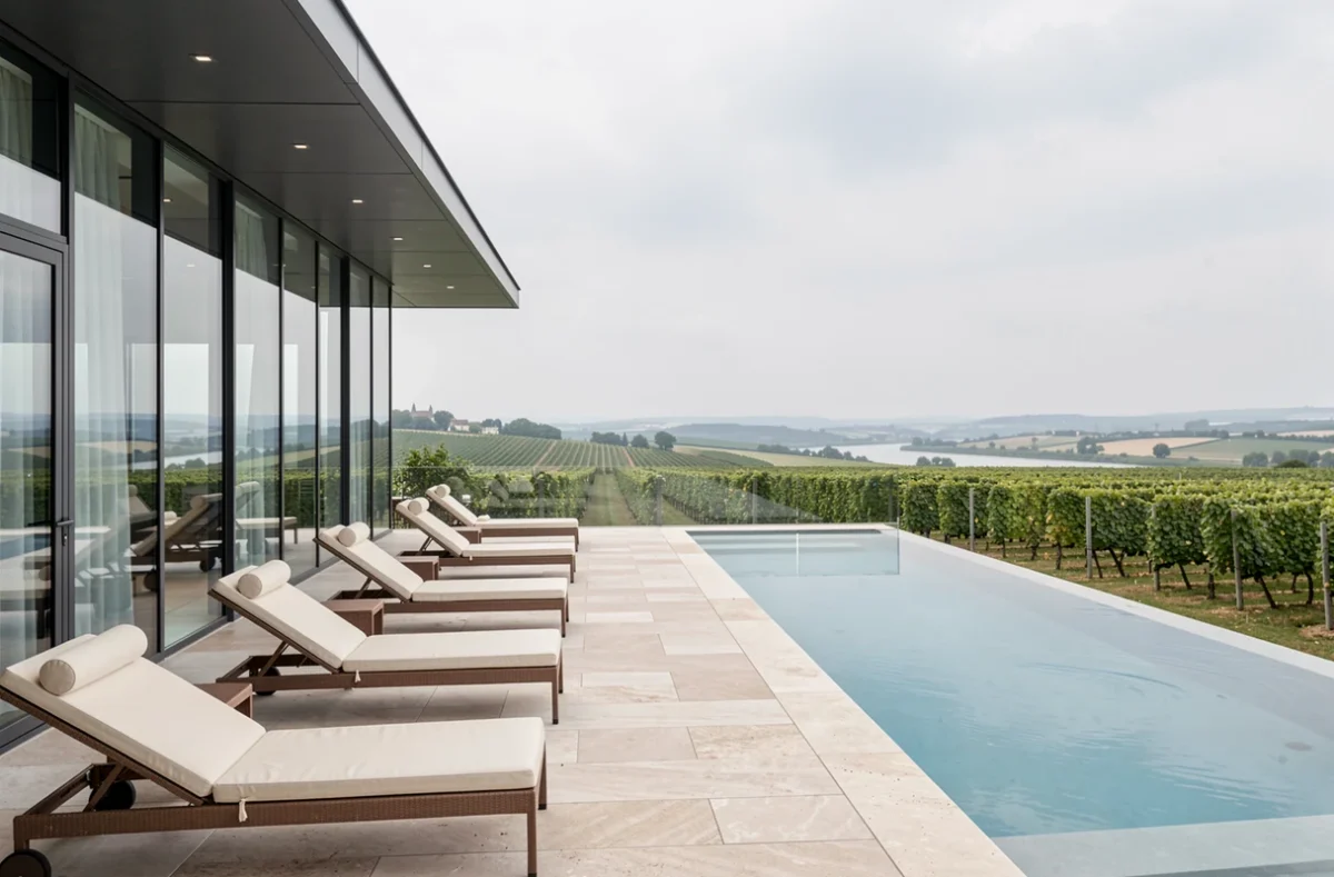 Terrasse et piscine à débordement du Royal Champagne Hôtel avec vue panoramique sur les vignes de Champagne