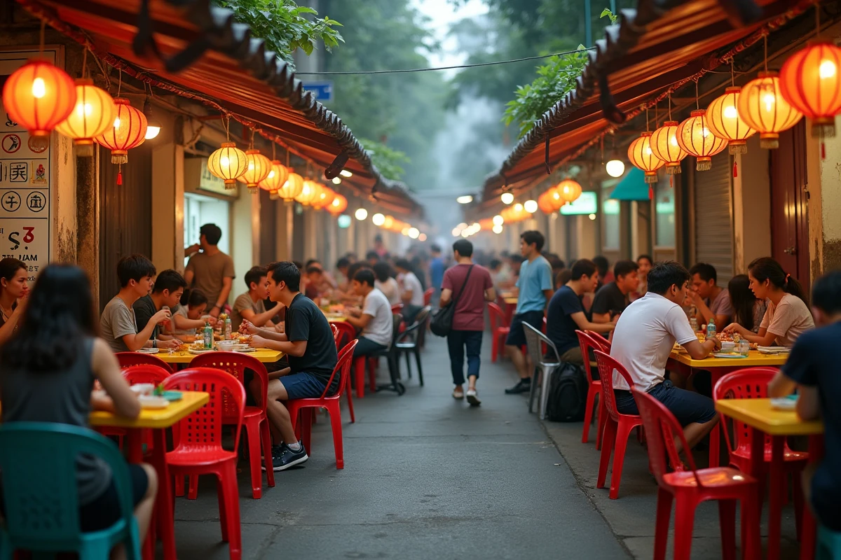 Animation nocturne de la rue Jalan Alor avec ses étals de street food à Kuala Lumpur