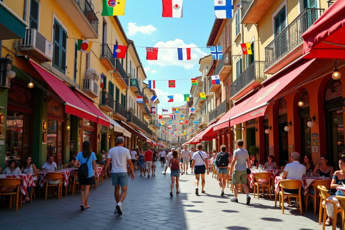 Rue animée avec boutiques et touristes en Europe