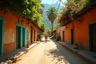 Rue pittoresque du village de Mazunte au Mexique avec façades colorées et végétation tropicale luxuriante