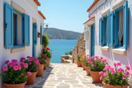 Ruelle pavée de Skopelos avec maisons blanchies à la chaux et volets bleus typiques des Cyclades grecques