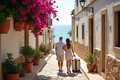 Couple en voyage explorant une ruelle pavée de Monopoli en Puglia avec des maisons blanches et de la bougainvillée
