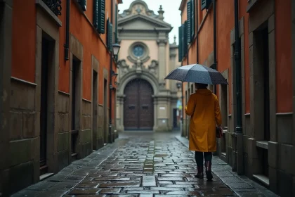 Femme en imperméable jaune moutarde dans une ruelle pavée de Naples sous la pluie avec reflets sur les pierres mouillées