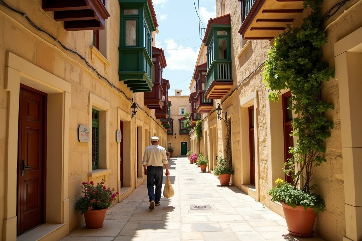 Ruelle pittoresque aux maisons en pierre calcaire de San Pawl il-Bahar désertée par les touristes en dehors de la haute saison