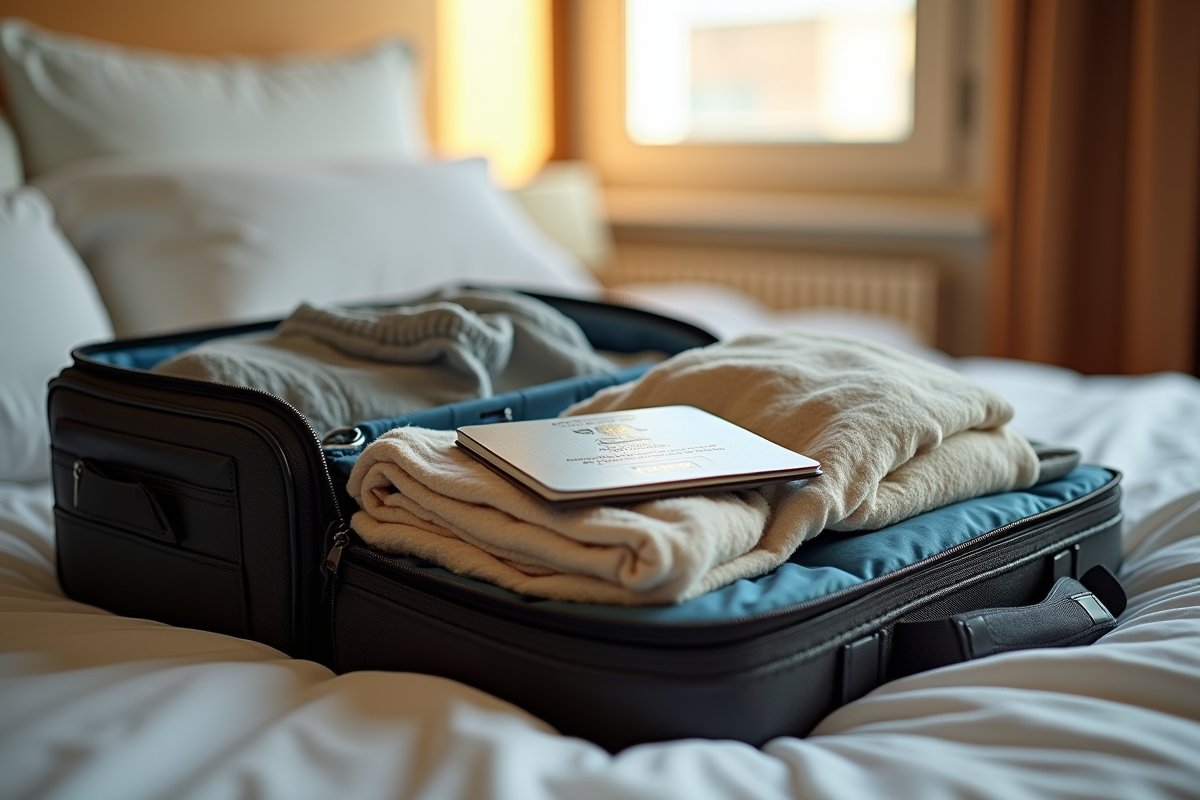 Sac de voyage ouvert avec passeport et papiers sur lit ensoleille