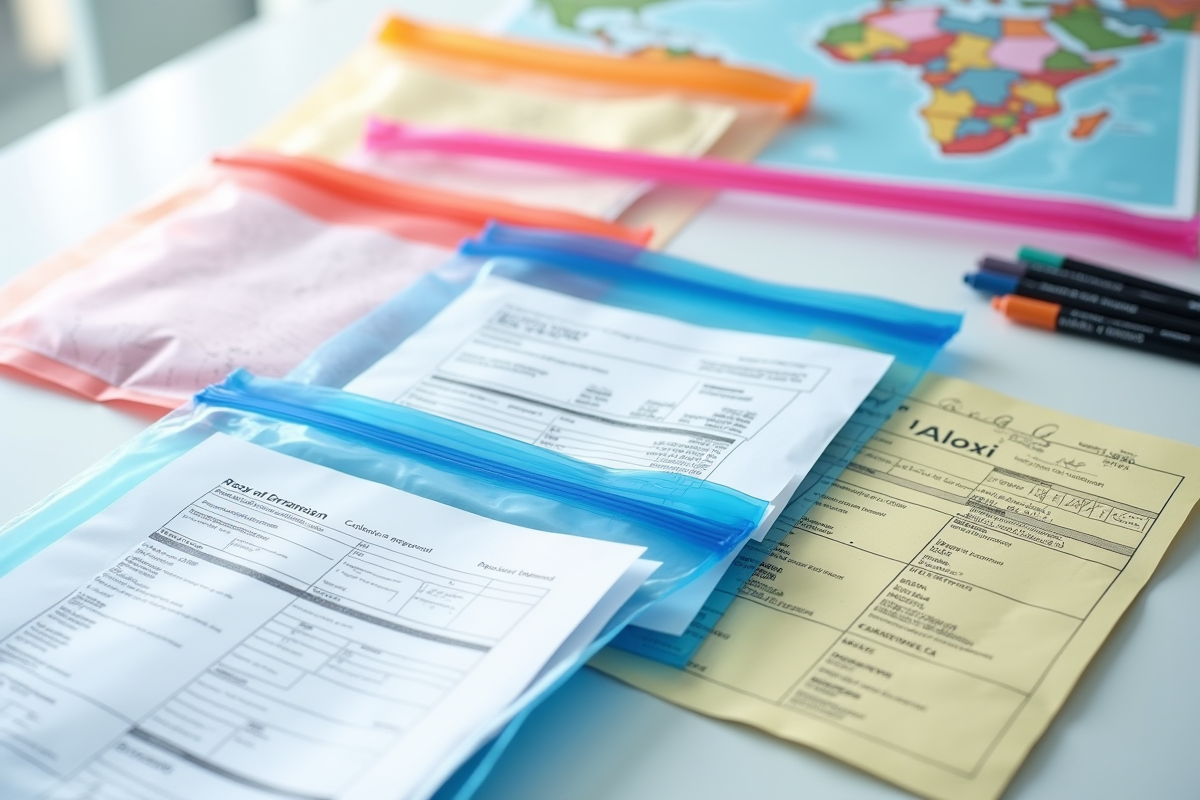Plusieurs sacs Ziploc colorés avec papiers et cartes dans un scene bien organisée