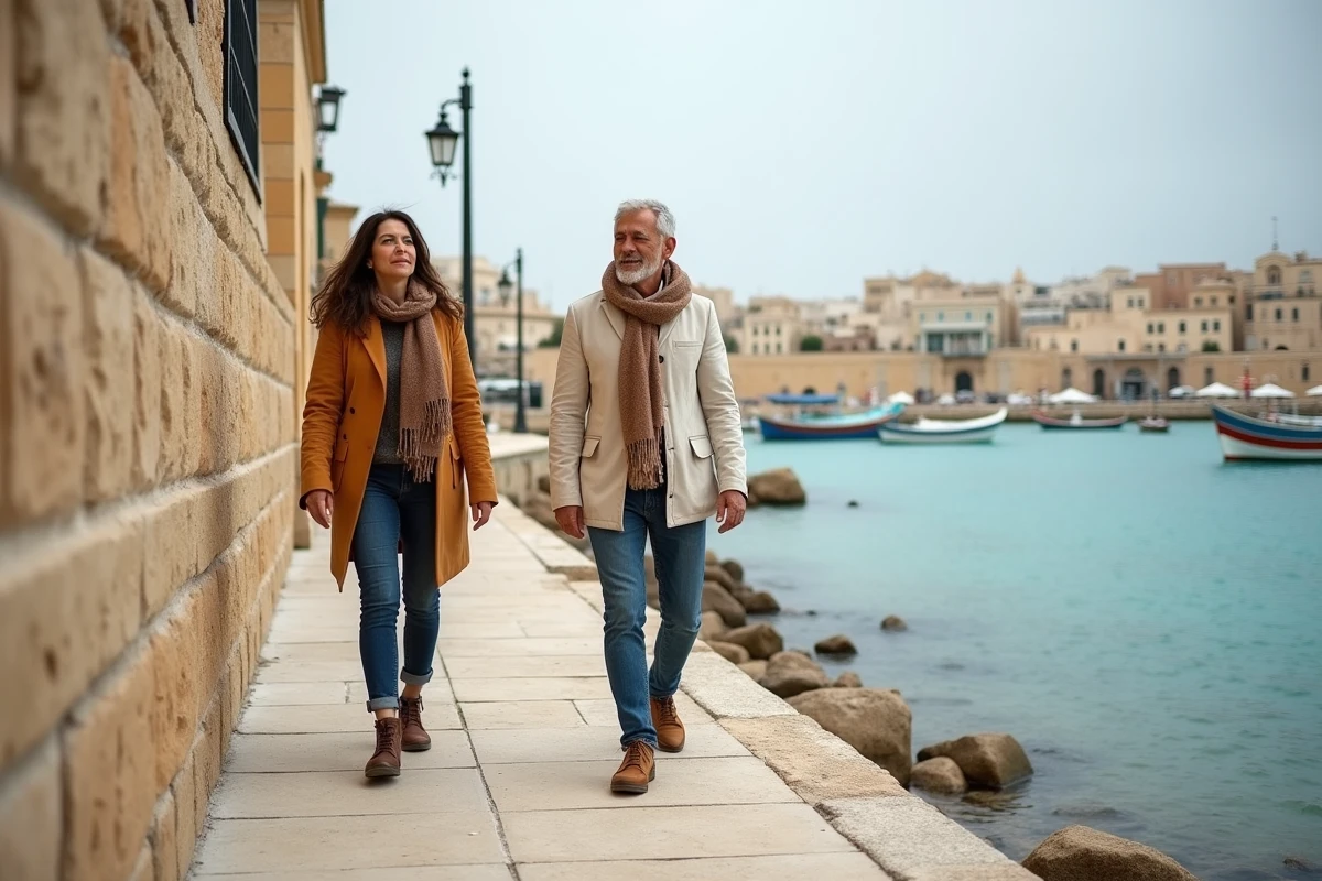 Couple se promenant sur le front de mer de San Pawl il-Bahar hors saison avec des bateaux de pêche maltais traditionnels amarrés dans la baie calme