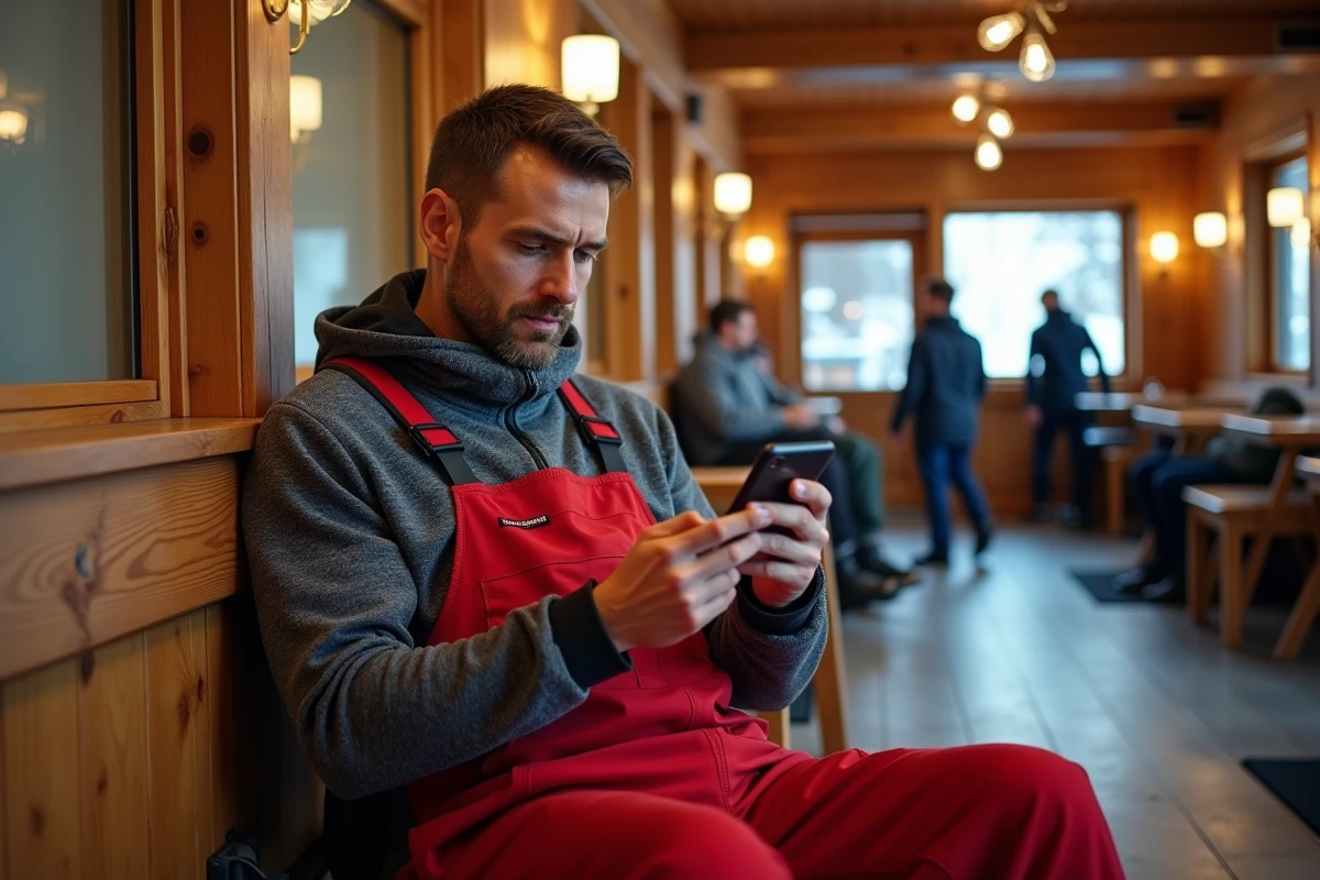 Skieur consultant des offres de forfaits ski pas cher en dernière minute sur son smartphone dans un chalet