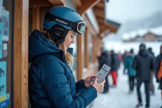 Skieuse examinant un forfait ski acheté en dernière minute au guichet d'une station alpine
