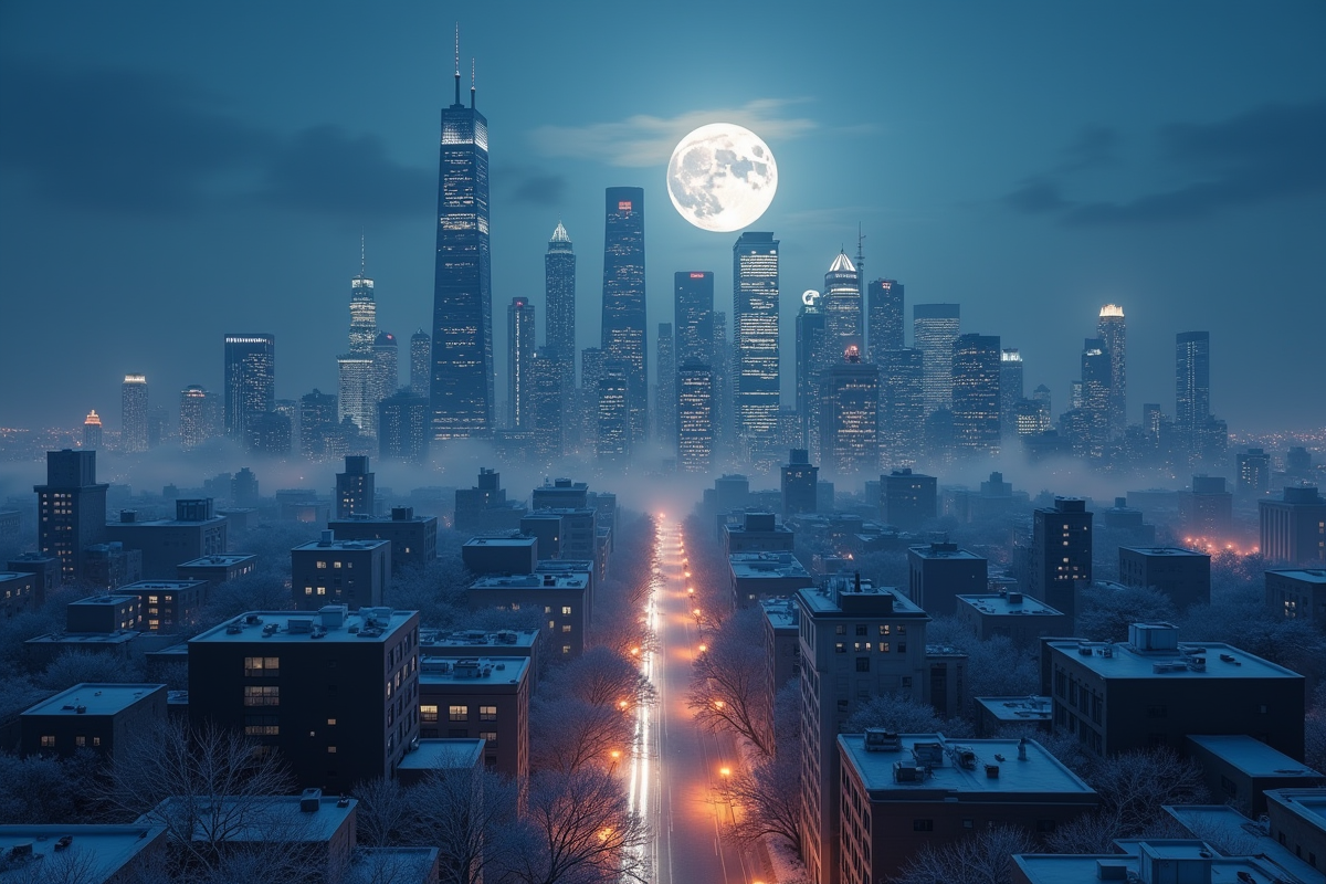 Silhouette de la ville moderne sous la lune glacée et brume légère