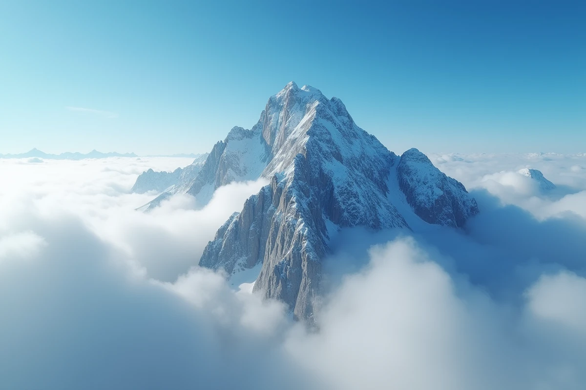 Sommet d'une haute montagne enneigée émergeant au-dessus des nuages, vue aérienne dramatique illustrant la question de la plus haute montagne du monde