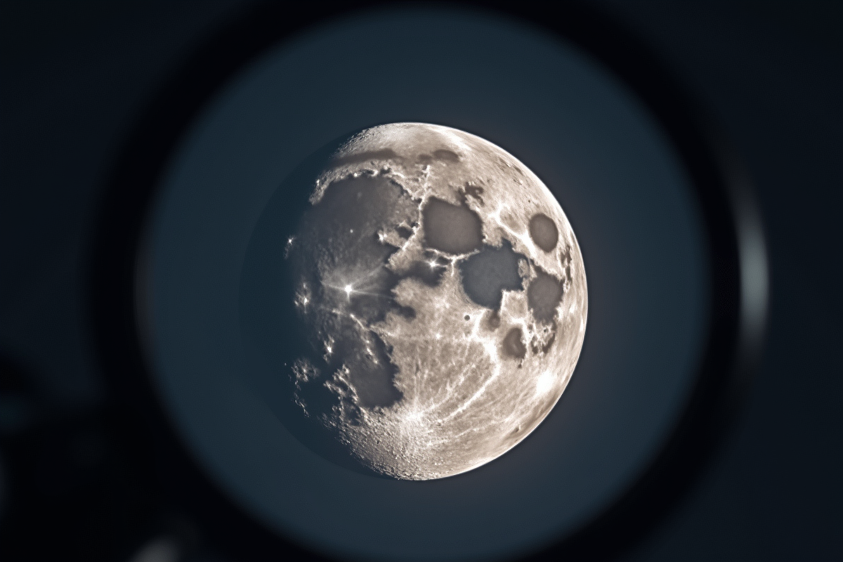 Zoom sur la surface de la lune avec motifs de castor à travers un télescope