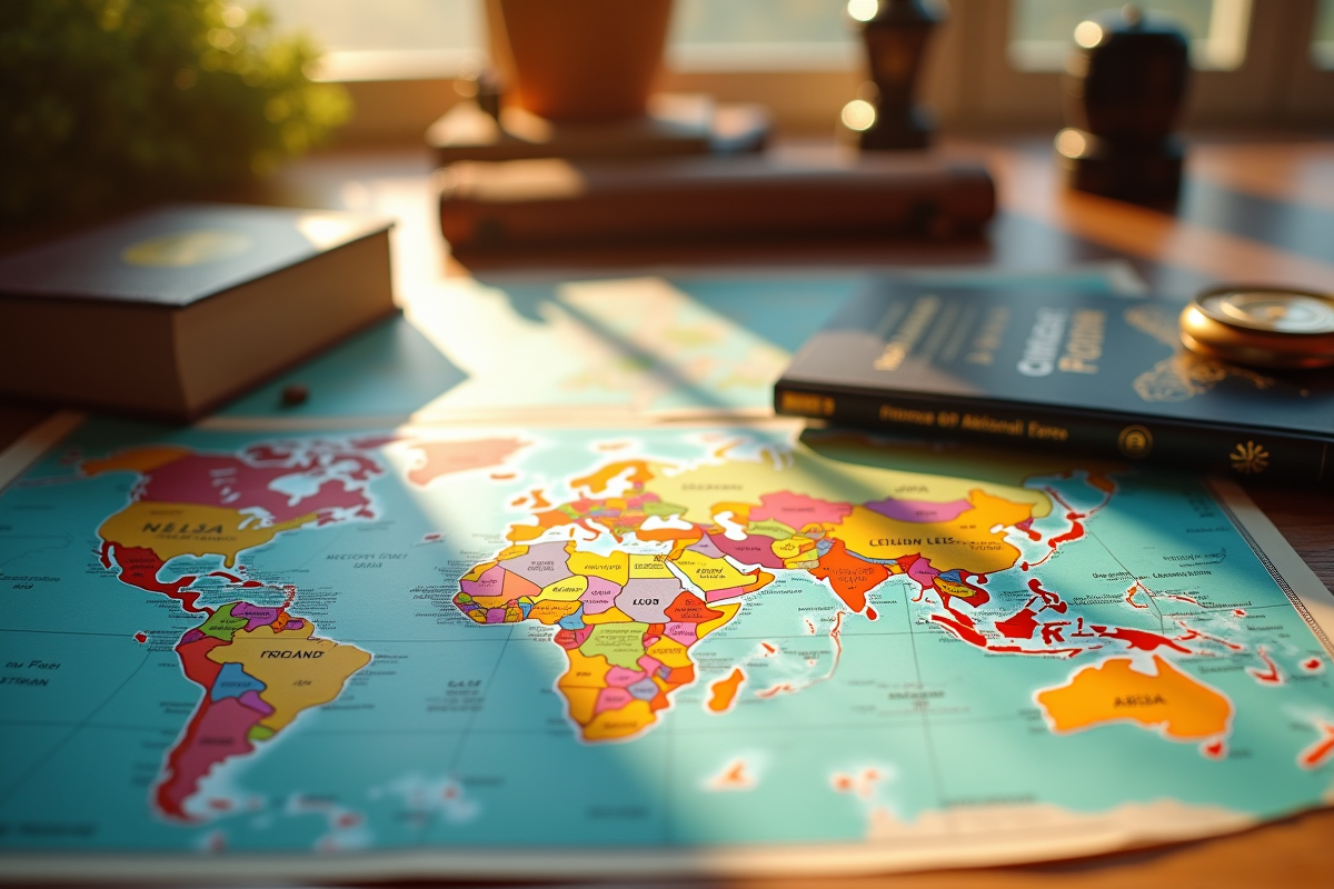 Bureau de voyage avec passeports et souvenirs inspirants