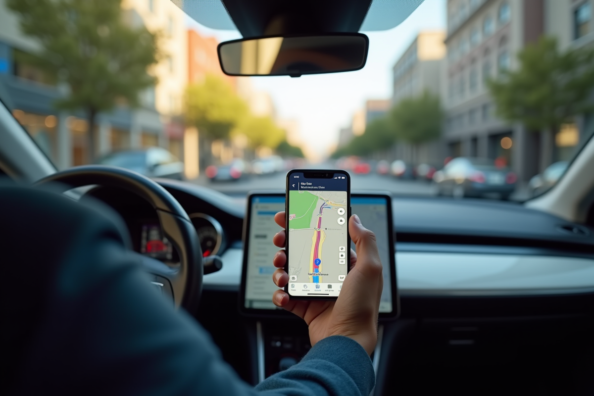 Tableau de bord de voiture avec téléphone affichant la navigation GPS