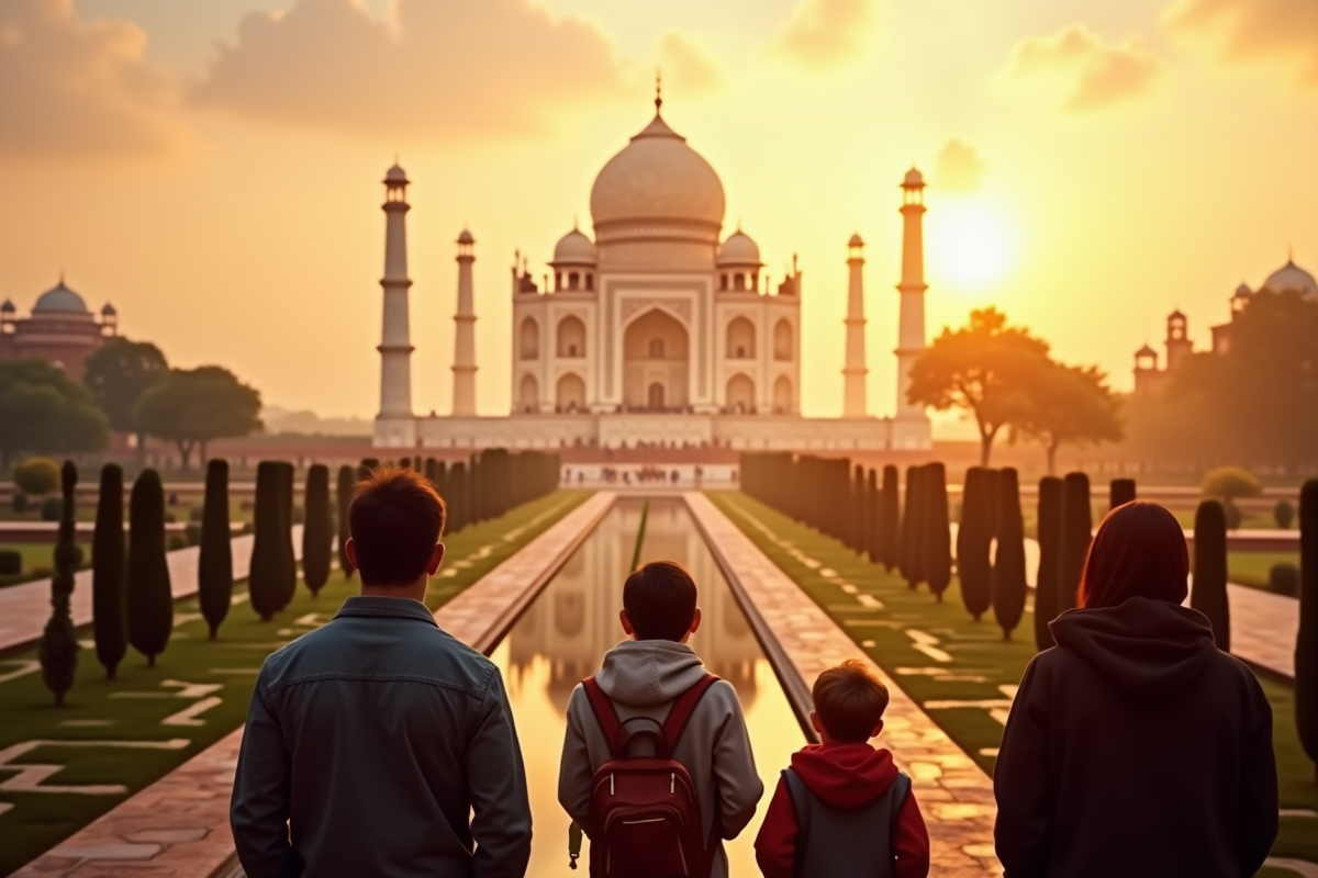 Touristes admirant le Taj Mahal au lever du soleil