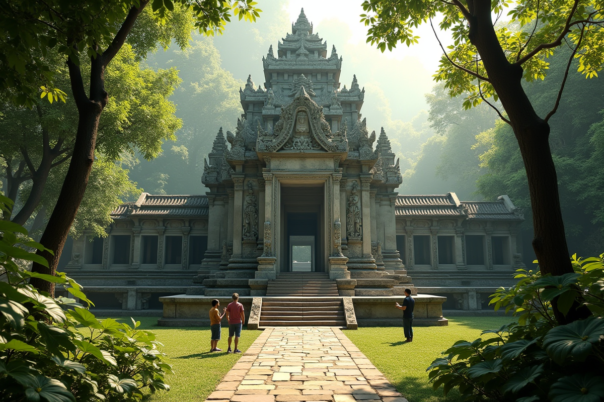 Temple ancien entouré de verdure et visiteurs