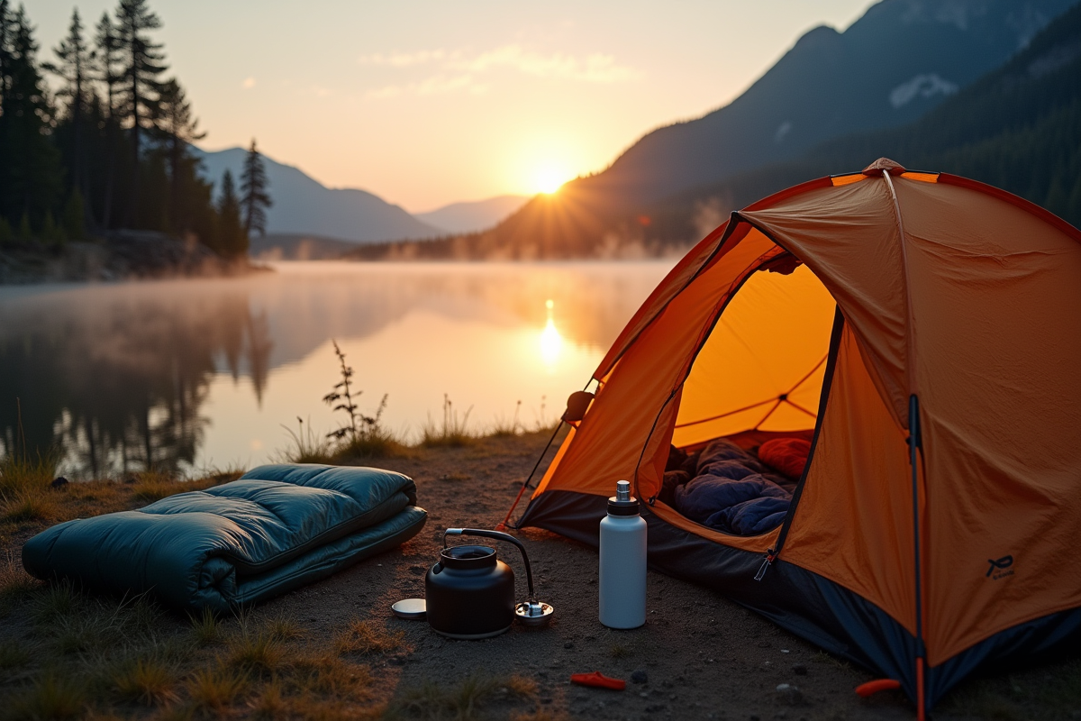 Tente ouverte au lever du soleil au bord du lac avec équipements de camping