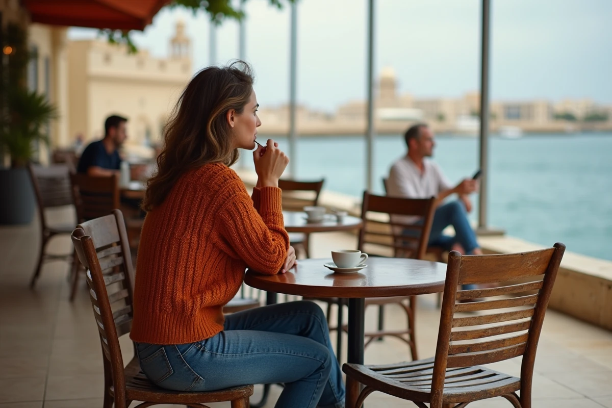 Femme savourant un café sur une terrasse maltaise presque déserte à San Pawl il-Bahar en basse saison, vue sur la mer sereine