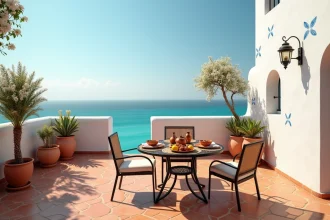 Terrasse de maison d'hôtes de charme à Djerba avec décoration berbère et vue sur la mer Méditerranée