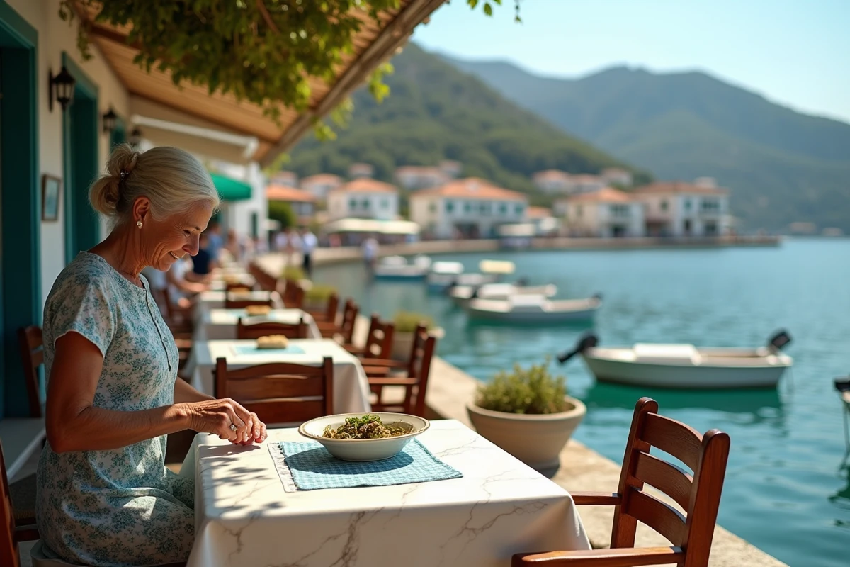 Terrasse de taverne au bord du port de Skopelos avec bateaux de p&ecirc;che et maisons traditionnelles en arri&egrave;re-plan