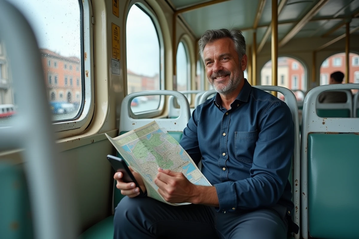 Touriste consultant une carte et une application mobile à bord d'un vaporetto sur le Grand Canal de Venise