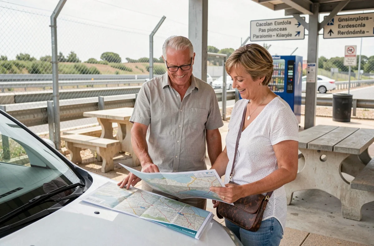 Couple de touristes consultant une carte routière à une aire de repos sur une autoroute espagnole gratuite en 2026