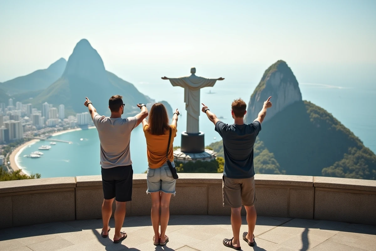 Touristes sur la terrasse panoramique du Corcovado admirant le Christ Rédempteur et la baie de Guanabara à Rio
