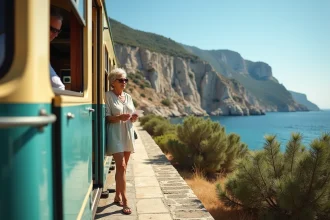 Train régional longeant la côte entre Île-Rousse et Calvi en Corse avec passagère sur le quai