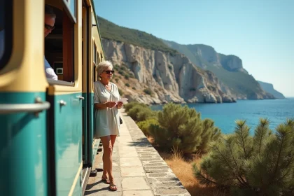 Train régional longeant la côte entre Île-Rousse et Calvi en Corse avec passagère sur le quai