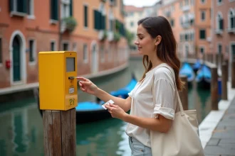 Femme utilisant une carte de transport pour valider son billet de vaporetto à Venise sur un ponton du Grand Canal