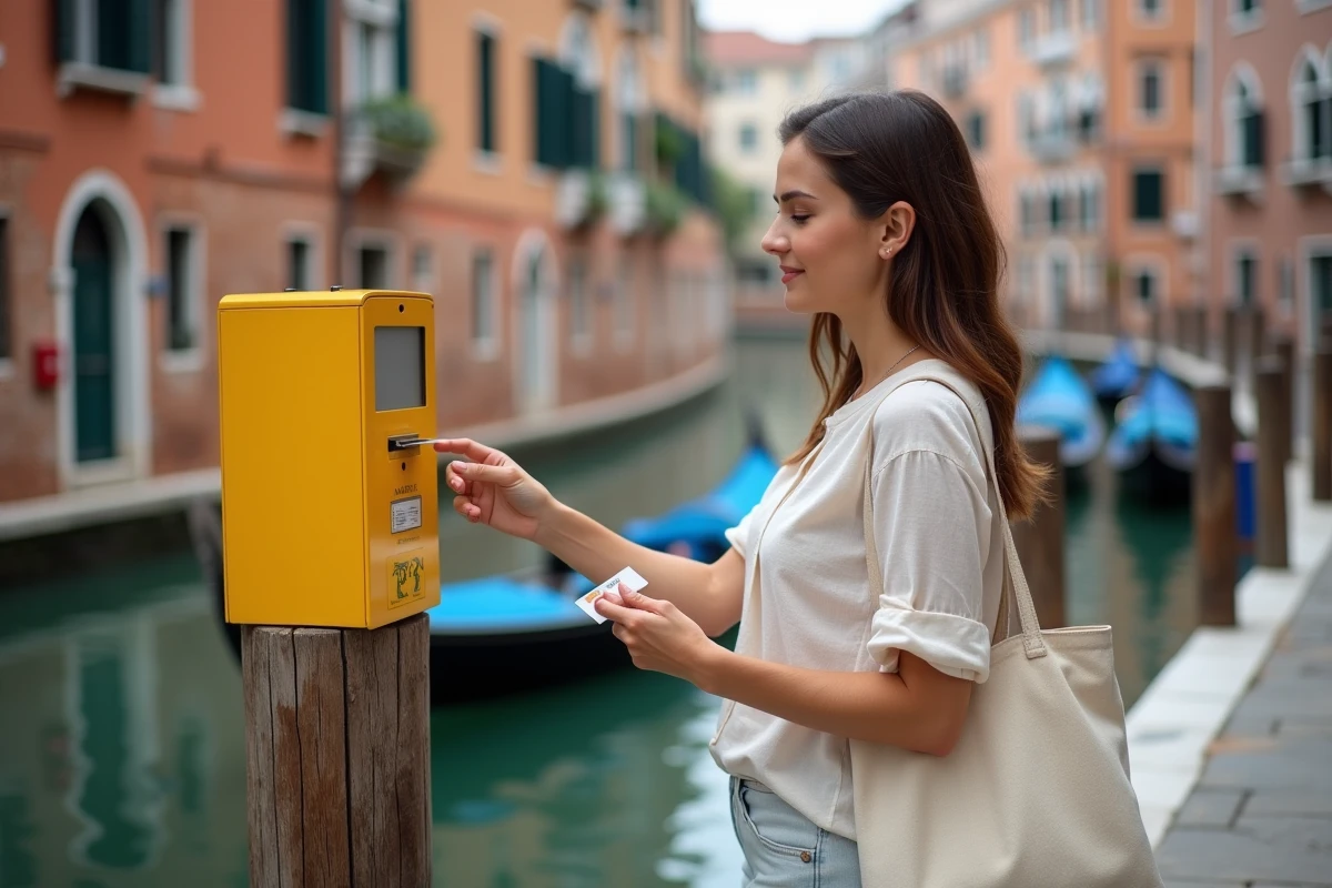 Femme utilisant une carte de transport pour valider son billet de vaporetto à Venise sur un ponton du Grand Canal