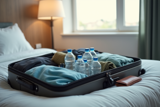 Valise ouverte sur lit d'hôtel avec bouteilles d'eau et vêtements