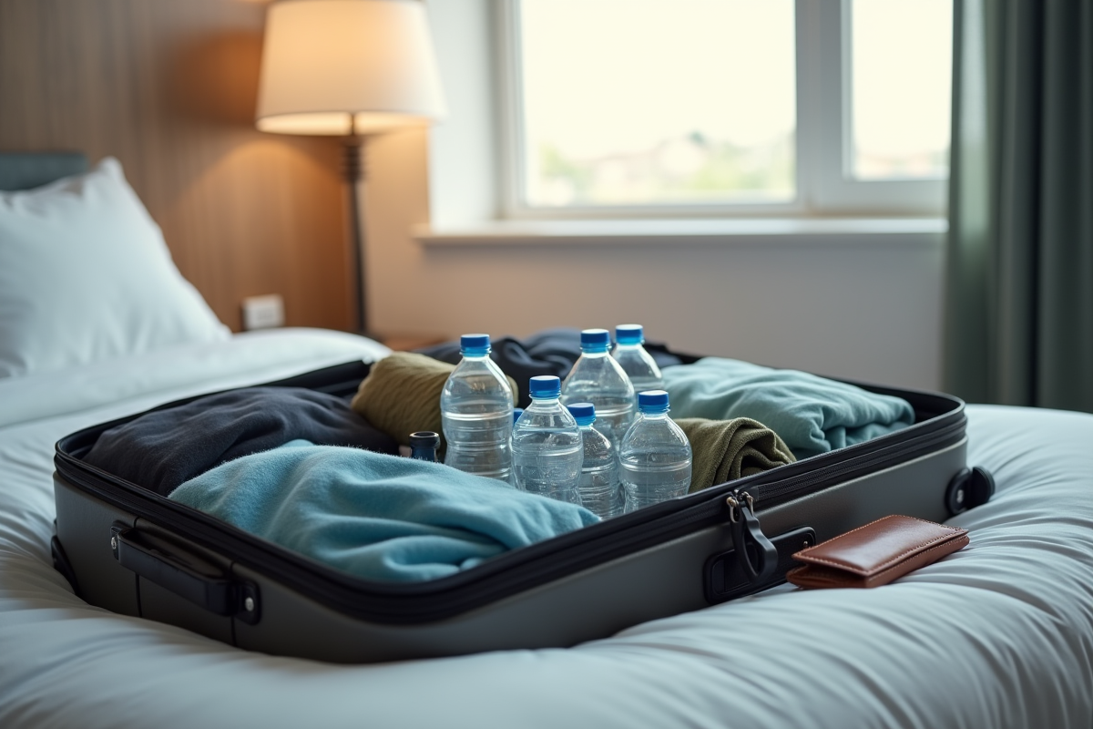 Valise ouverte sur lit d'hôtel avec bouteilles d'eau et vêtements