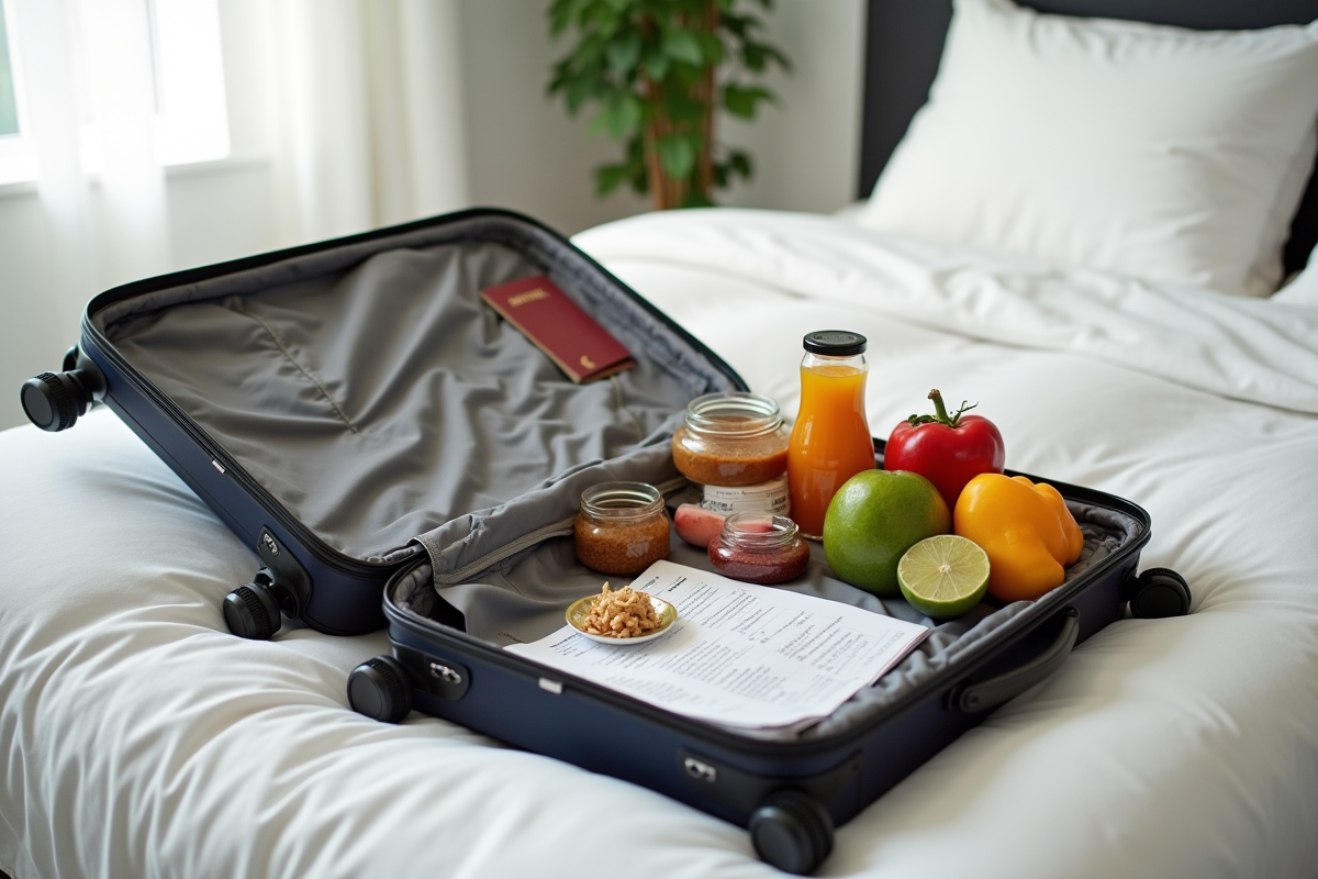 Valise ouverte avec snacks interdits et documents de voyage
