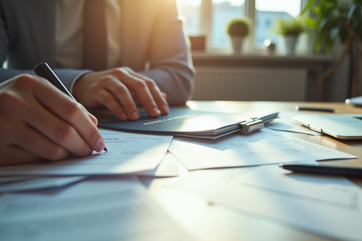 Mains vérifiant des documents de visa sur un bureau