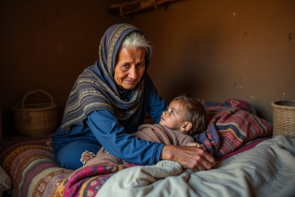 Femme got âgée aidant son petit-enfant dans un lit