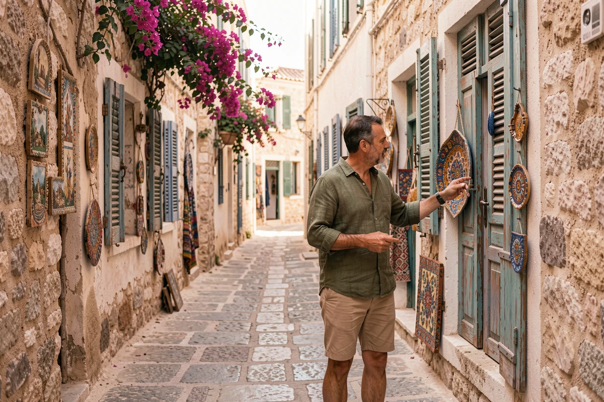 Homme explorant une ruelle pavée du vieux Chania en Crète avec des façades vénitiennes colorées