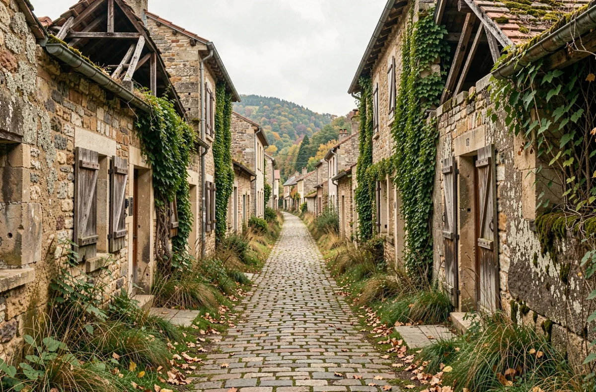 Rue d'un village abandonné en France avec maisons en pierre envahies par la végétation et chemin pavé désert