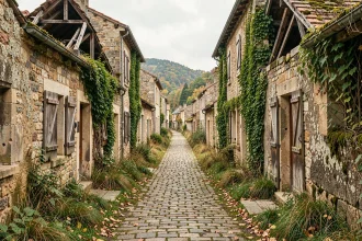 Rue d'un village abandonné en France avec maisons en pierre envahies par la végétation et chemin pavé désert