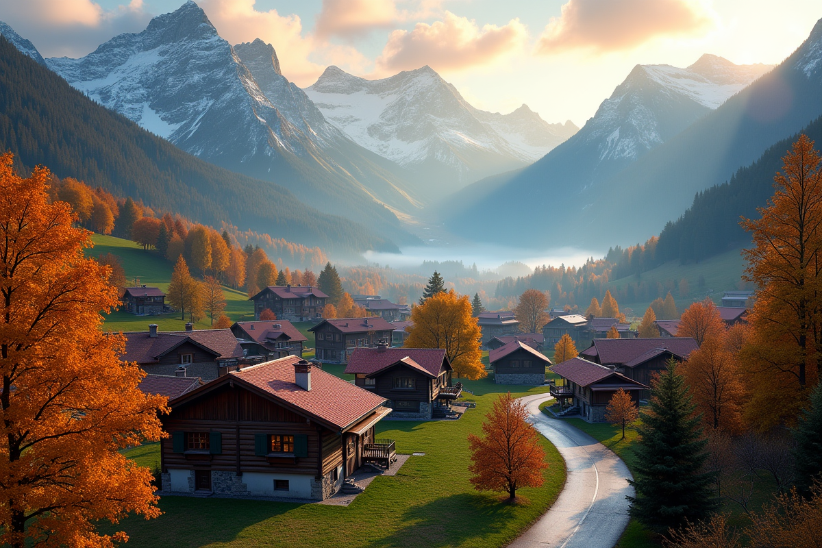 Village alpin suisse au lever du soleil avec chalets et montagnes