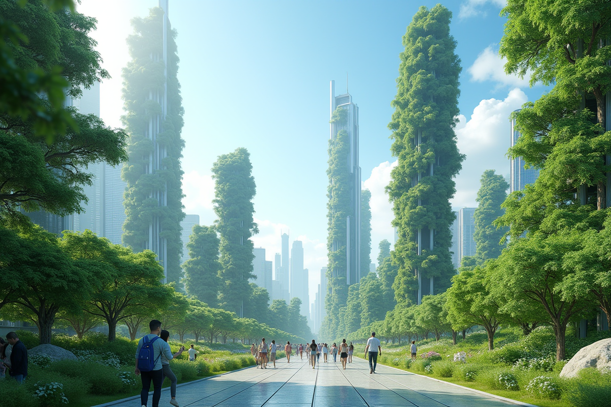 Ville futuriste avec parcs verts et véhicules autonomes