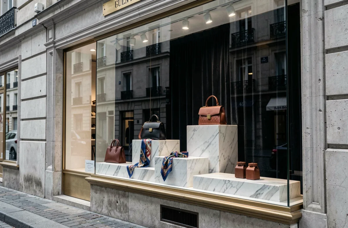 Vitrine de boutique de luxe avec sacs et accessoires haute couture sur la Rue Saint-Honoré à Paris