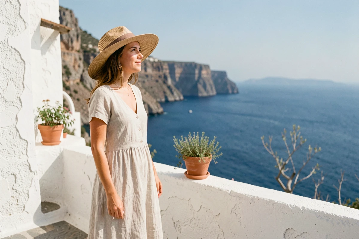 Femme en robe de lin sur une terrasse blanchie à la chaux en Crète avec vue sur la mer Égée