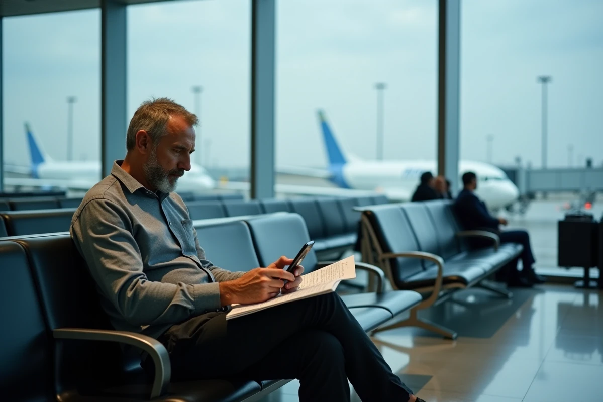 Voyageur vérifiant ses documents de voyage dans un salon d'aéroport avant l'embarquement French bee