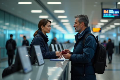 Homme voyageur à l'aéroport devant le douanier