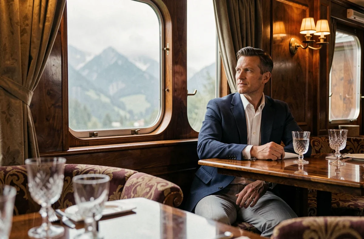 Voyageur élégant dans le wagon-restaurant de l'Orient Express admirant le paysage montagneux