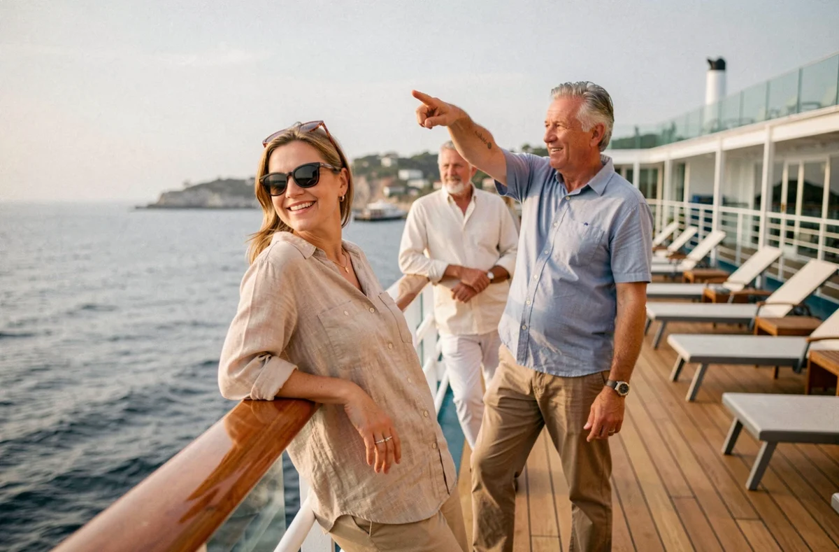 Voyageurs sur le pont d'un paquebot de croisière moderne admirant la côte depuis la terrasse extérieure