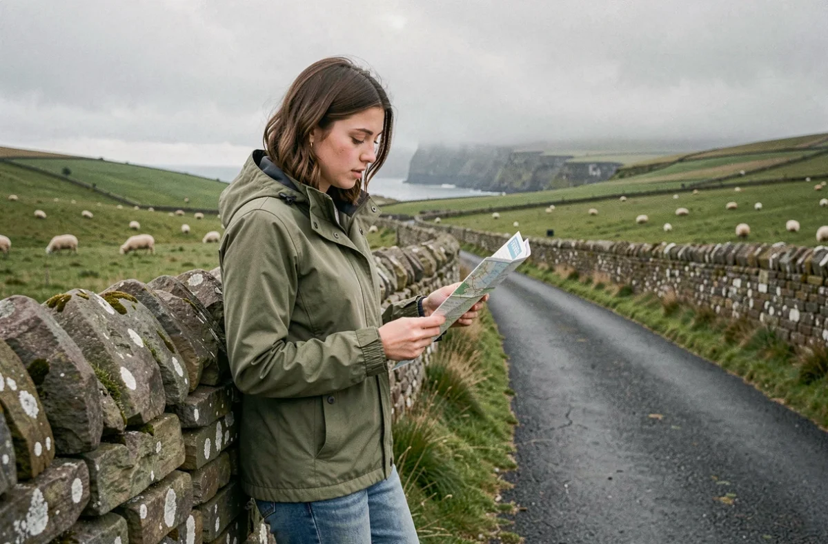 Voyageuse consultant une carte papier sur une route de campagne irlandaise avec des collines vertes et des falaises côtières en arrière-plan